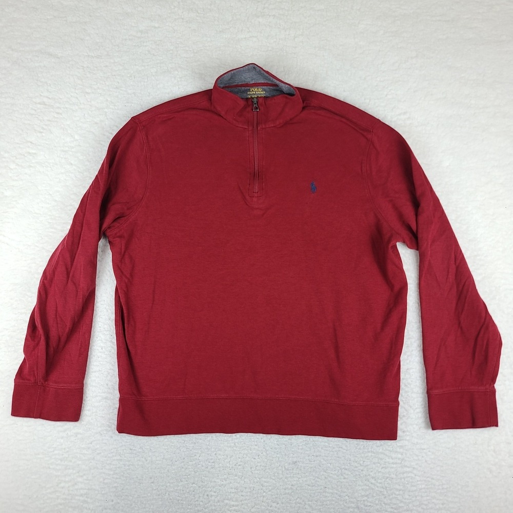Polo Ralph Lauren Sweater Mens XL Red Solid Cotton Quarter Zip Sweatshirt‎ *